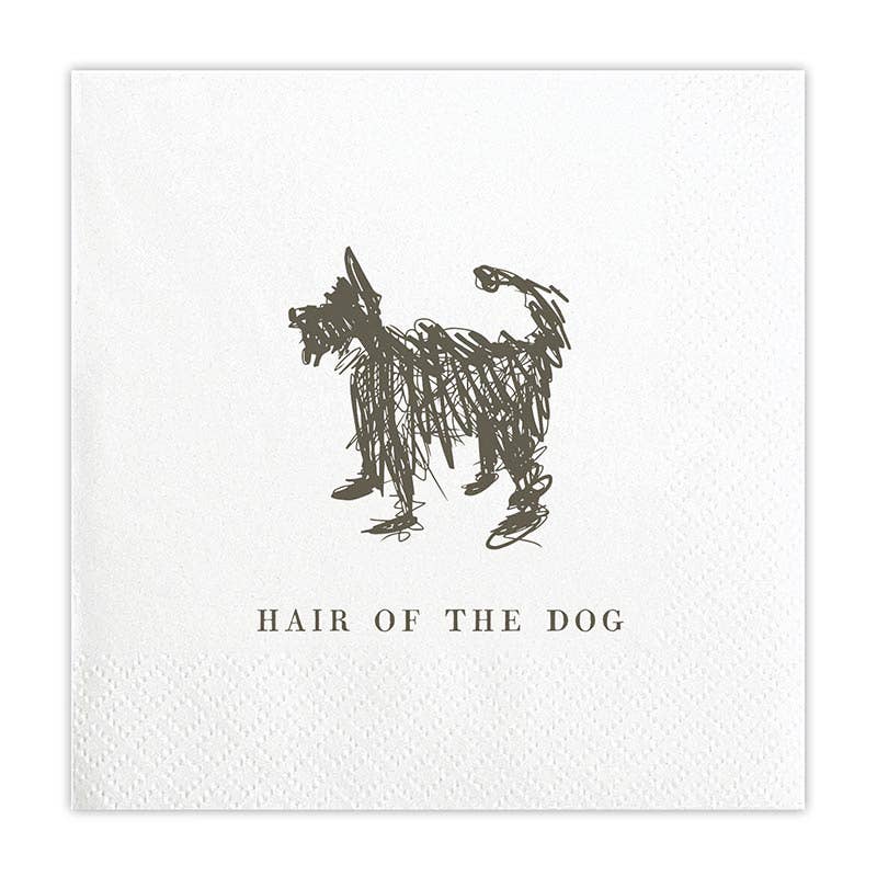 Black and white illustration of a dog with 'Hair of the Dog' text on a textured white background