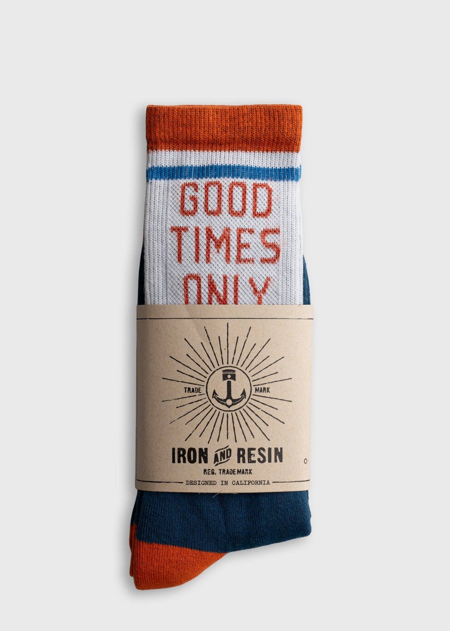 Packaged sock with 'Good Times Only' text and Iron & Resin branding on a white background