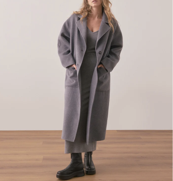 Colette Oversized Longline Coat in Grey Heather, full-length front view. Shown of model with full length grey dress and black boots.