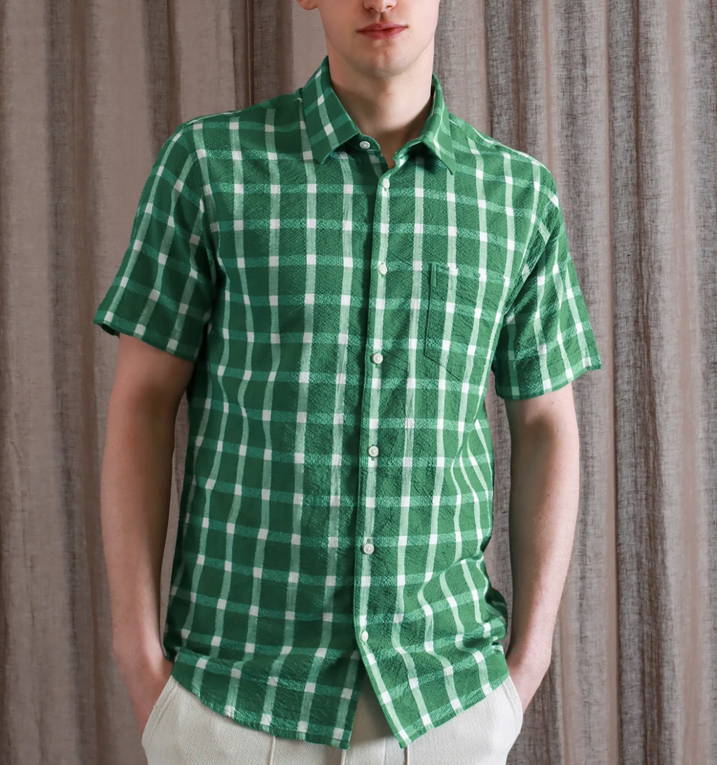Classic S/S Shirt - Green Ribbed Seersucker Check