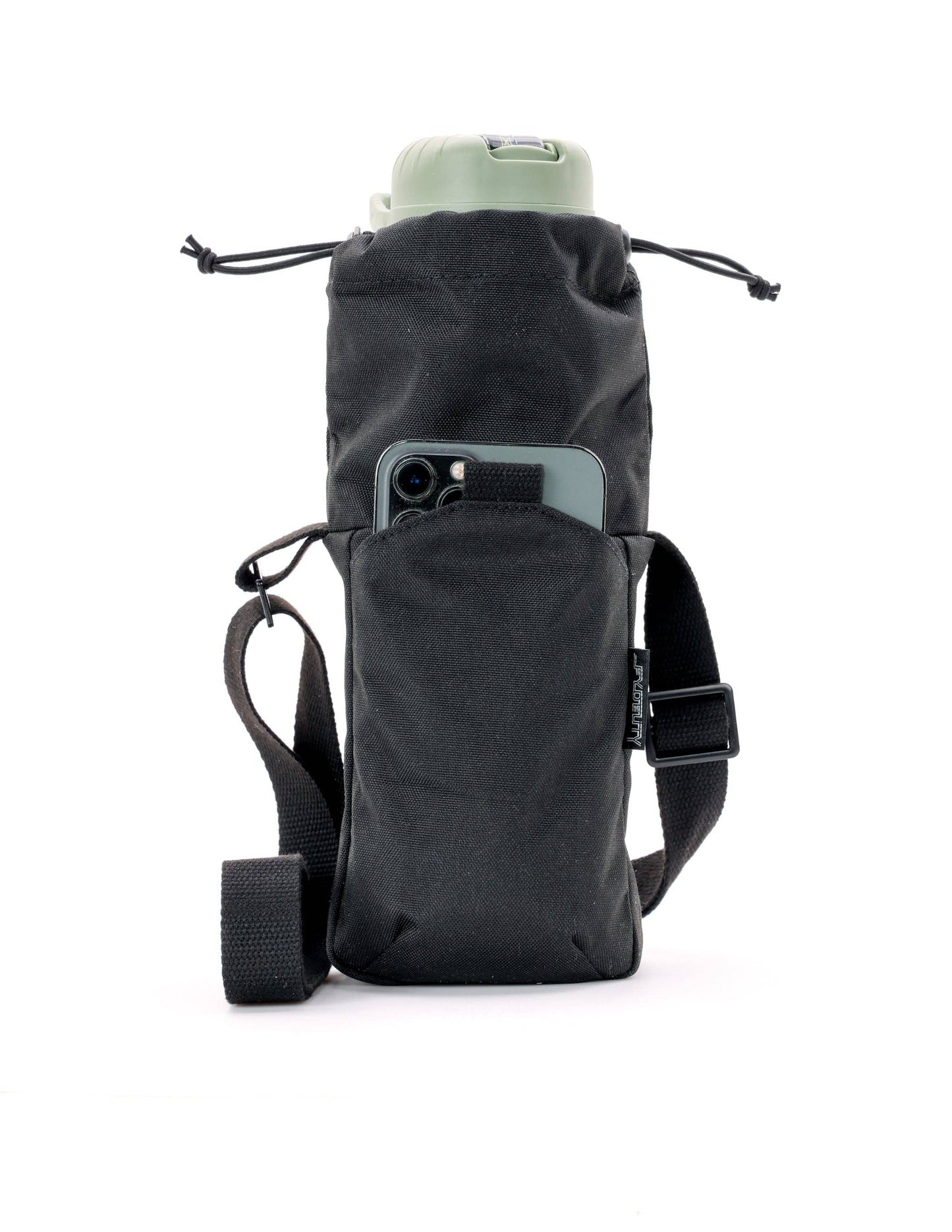 Black drawstring bag with a phone and water bottle on a white background