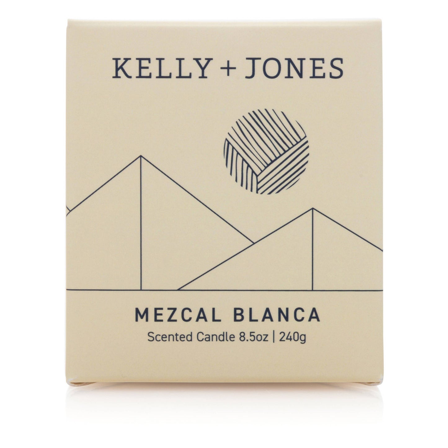 Beige candle packaging with 'Kelly + Jones' branding and 'Mezcal Blanca' scent on a white background.