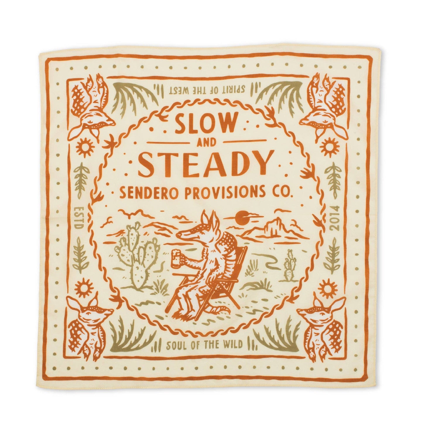 Bandana with 'Slow and Steady' text and Sendero Provisions Co. branding on a white background