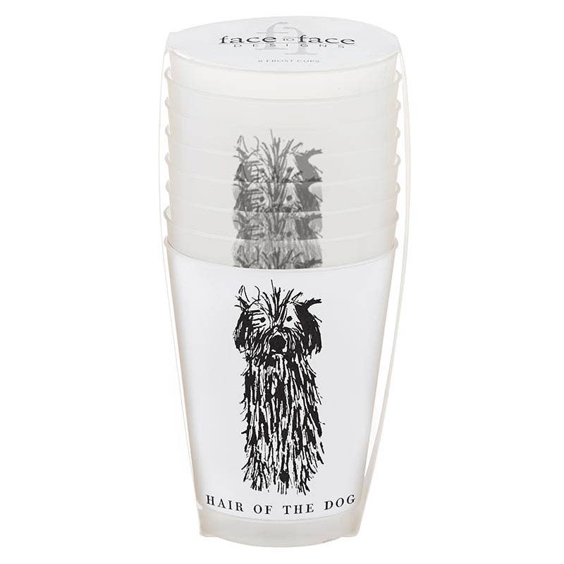 A stack of translucent white plastic cups with black line art of a shaggy dog and the text 'face-face' and 'HAIR OF THE DOG' on a white background.