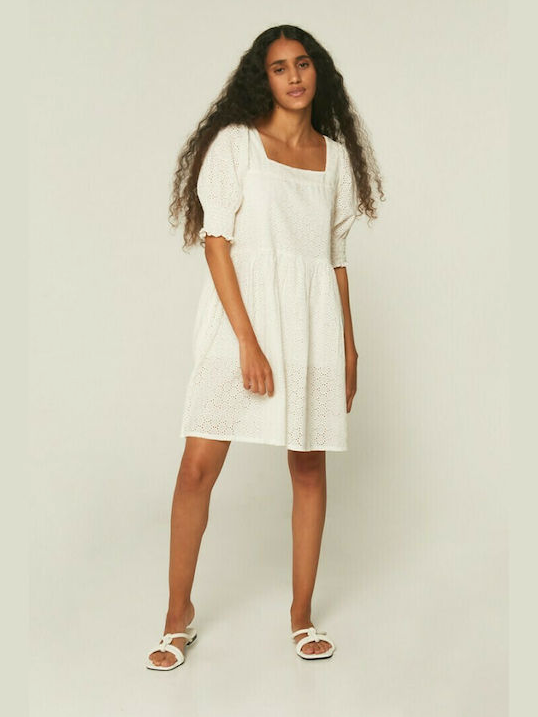 Puff Sleeve Eyelet Mini Dress - White