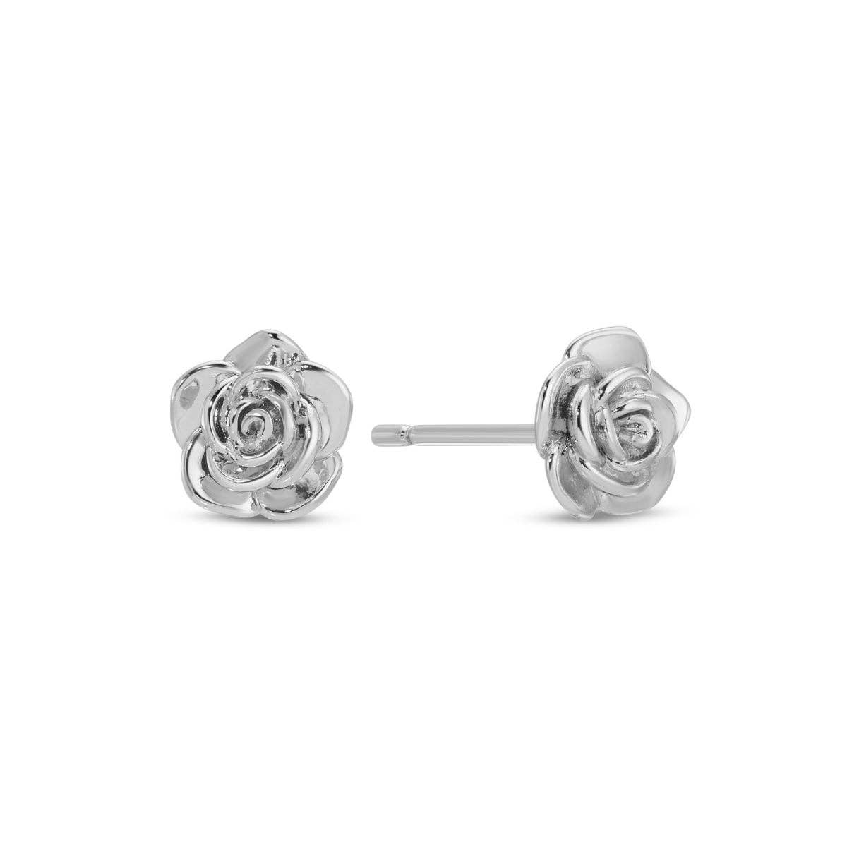 Silver rose-shaped stud earrings on a white background