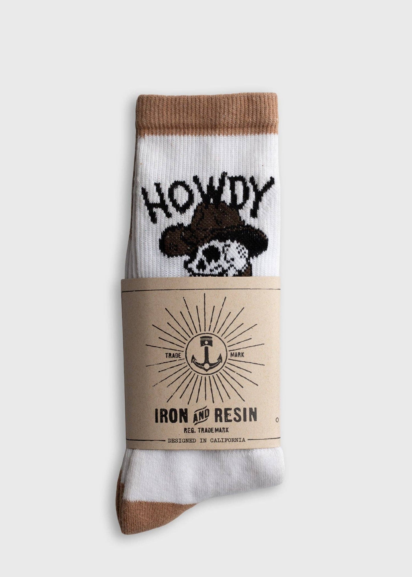 Sock with 'Howdy' design and Iron & Resin branding on a white background