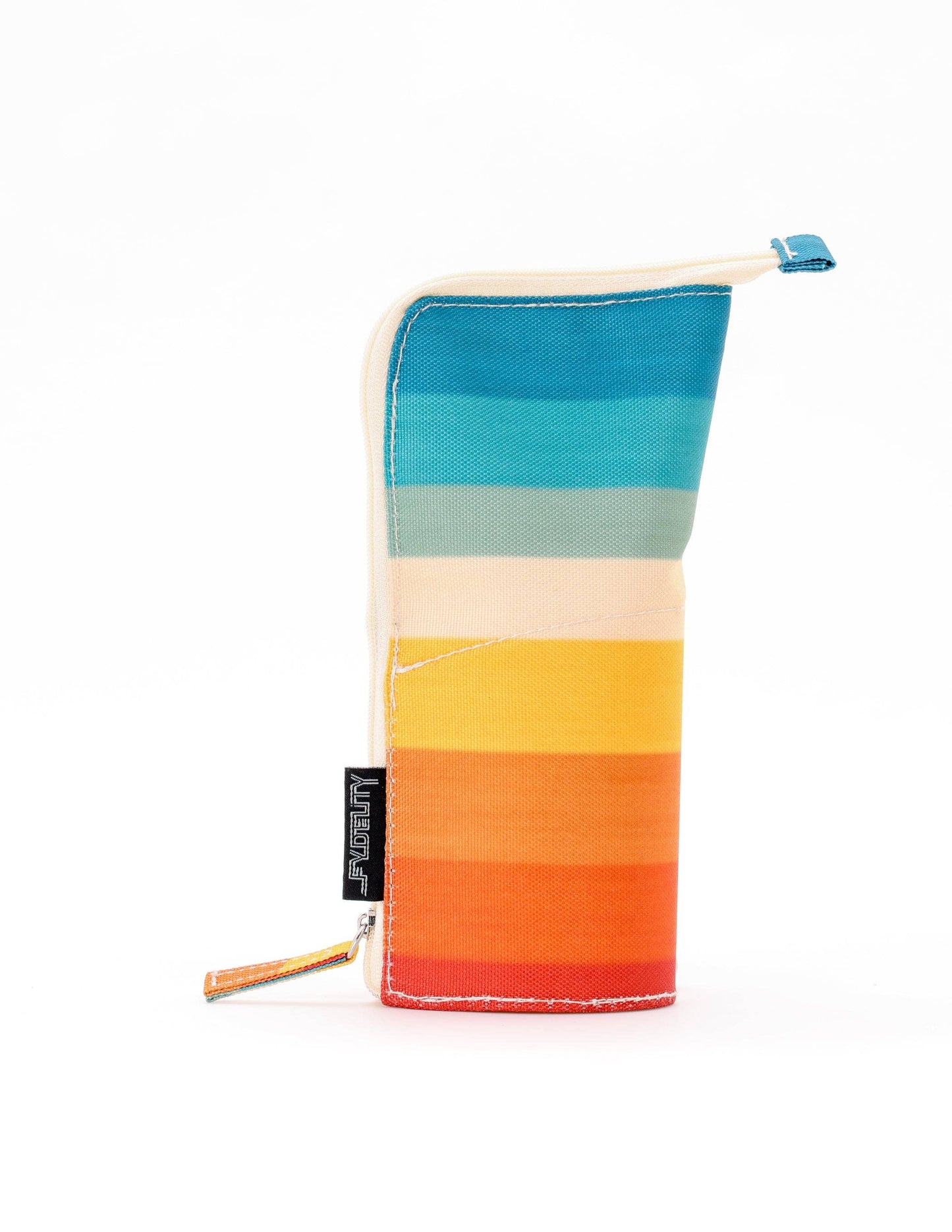 Colorful striped pouch with a brand tag on a white background