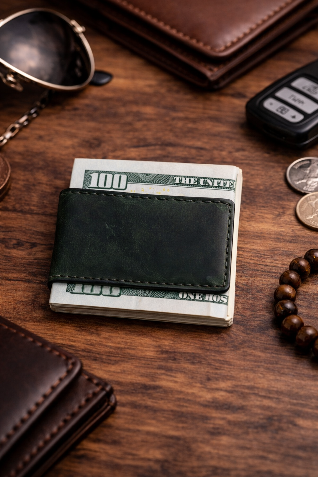 Black leather wallet with dollar bills on a wooden surface with wallets, coins, and keys.