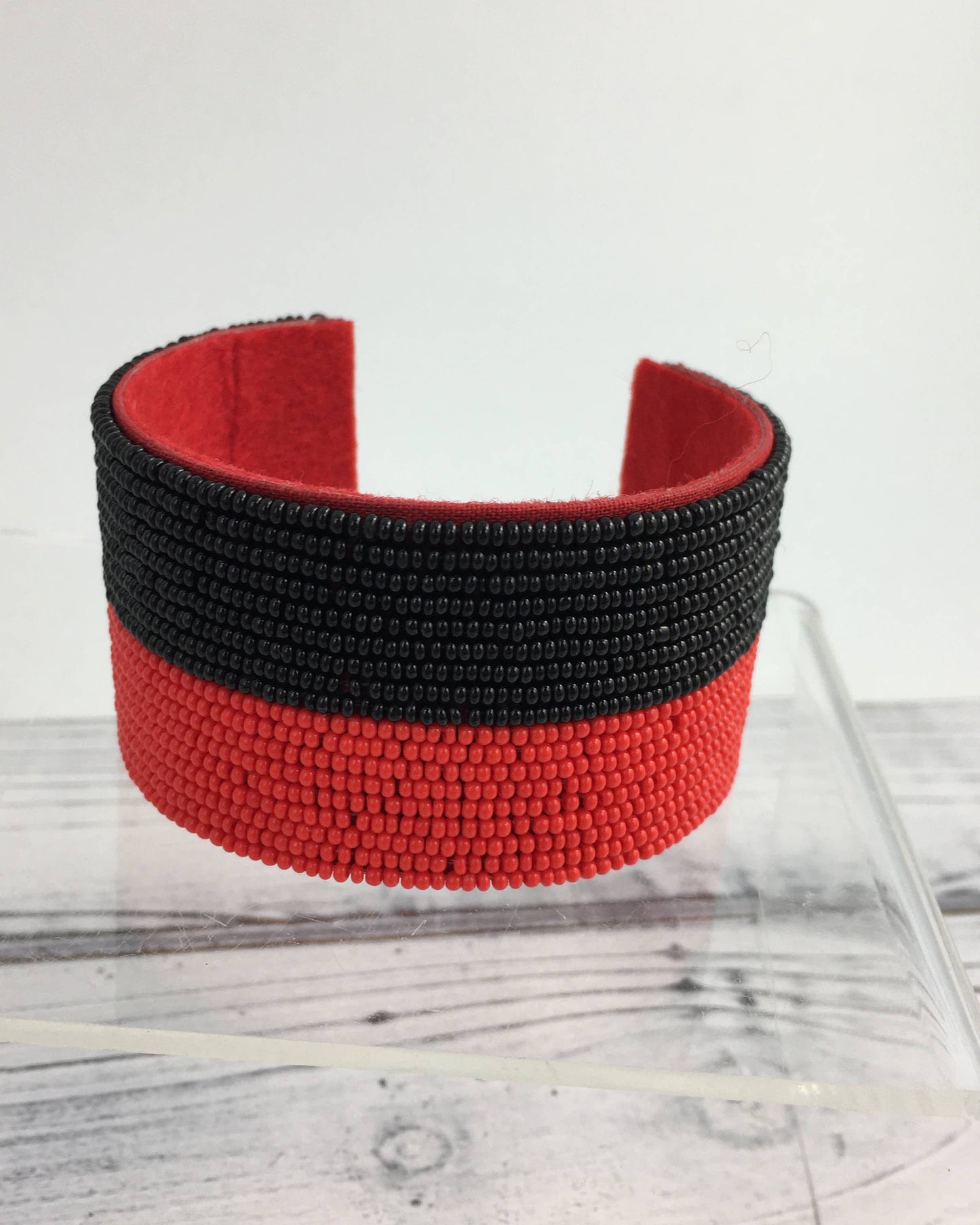 Red and black beaded cuff bracelet