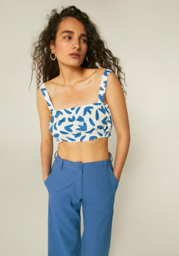 Petal Print Strappy Crop Top - White/Blue
