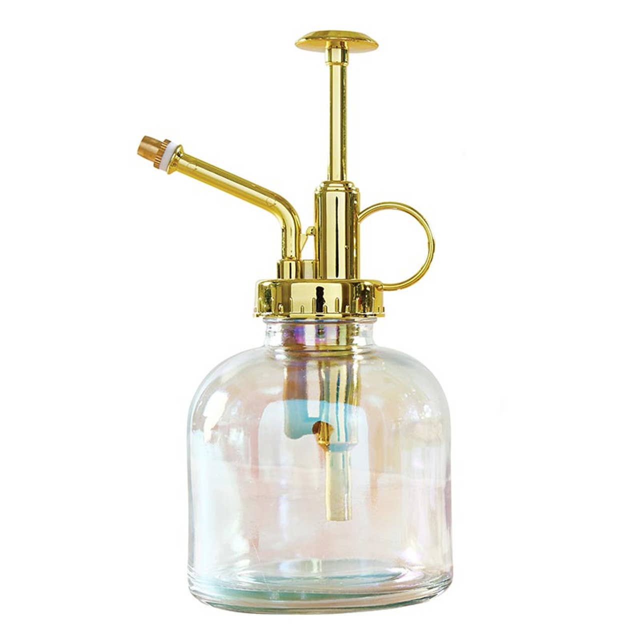 Clear glass bottle with gold metallic nozzle on a white background