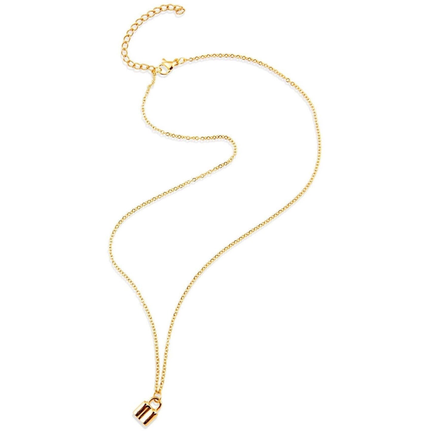Gold necklace with a lock pendant on a white background