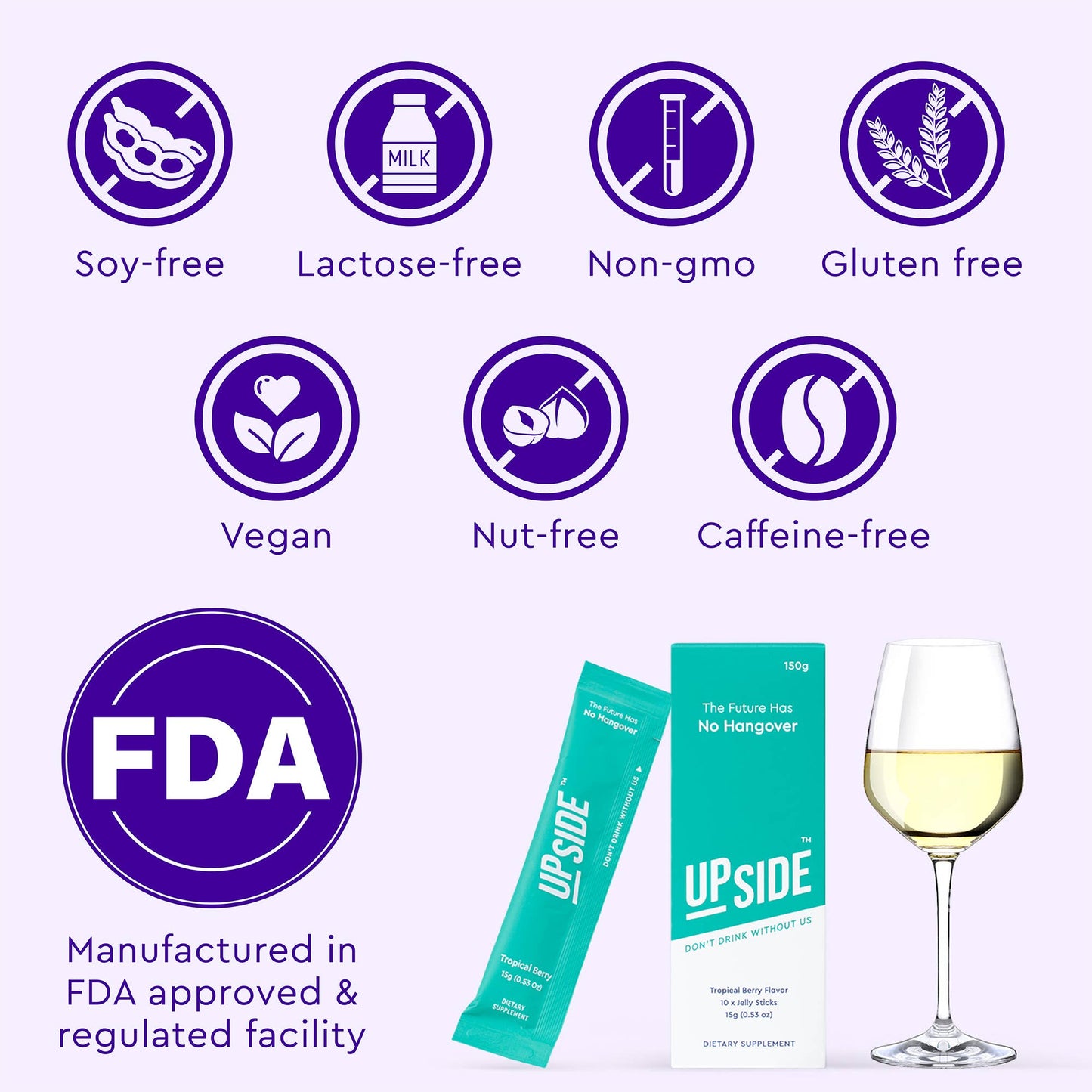UPSIDE product packaging with various free labels and a glass of white wine on a purple background