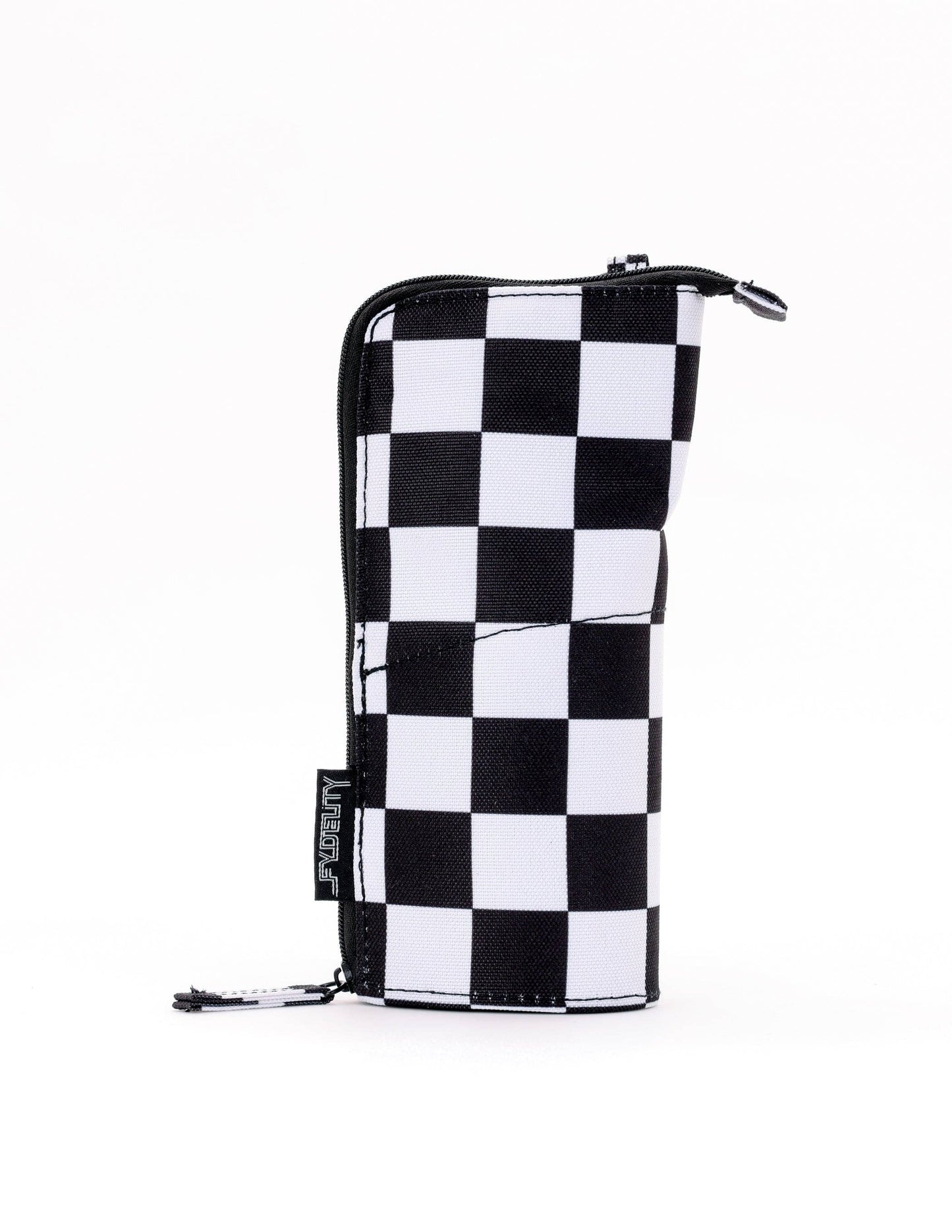 Black and white checkered pouch on a white background