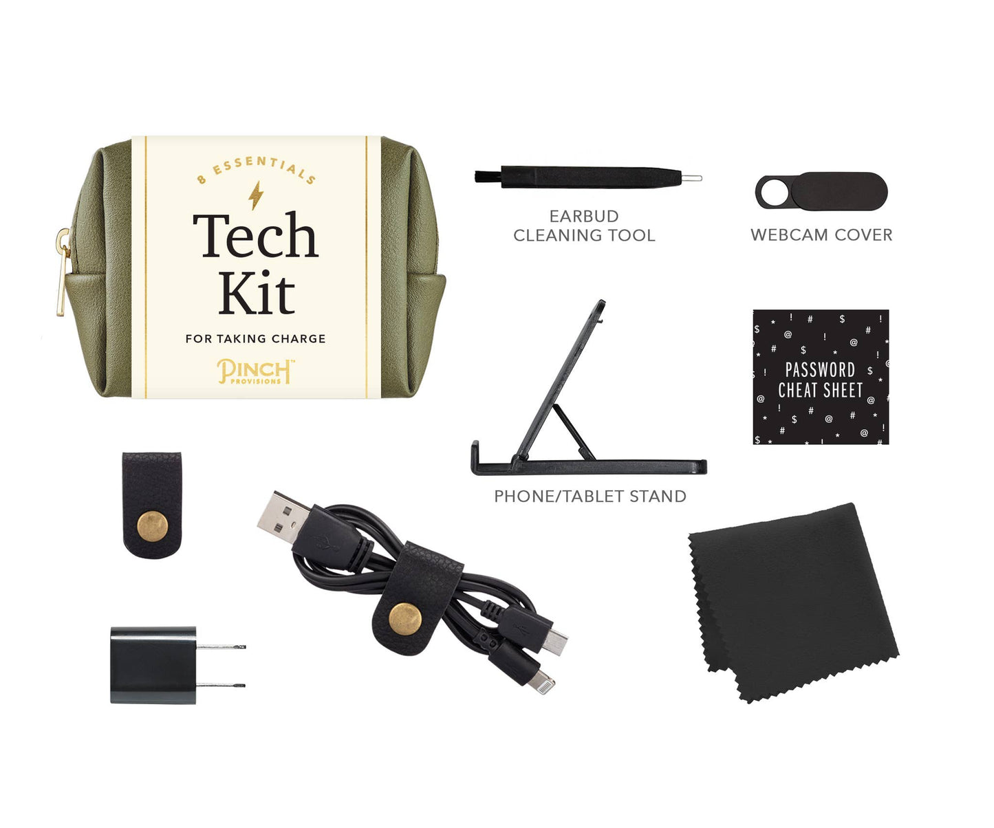 Tech kit with various components on a white background