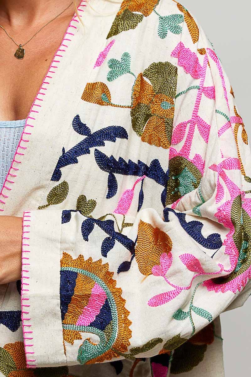 Embroidered garment with colorful floral patterns on a white background