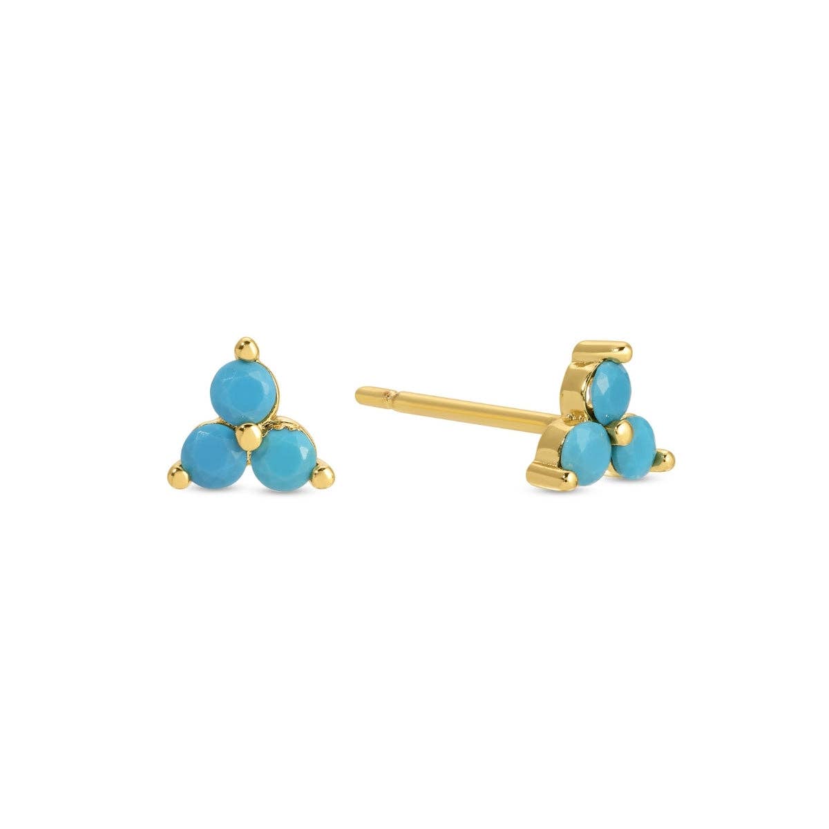 Gold and turquoise stud earrings on a white background