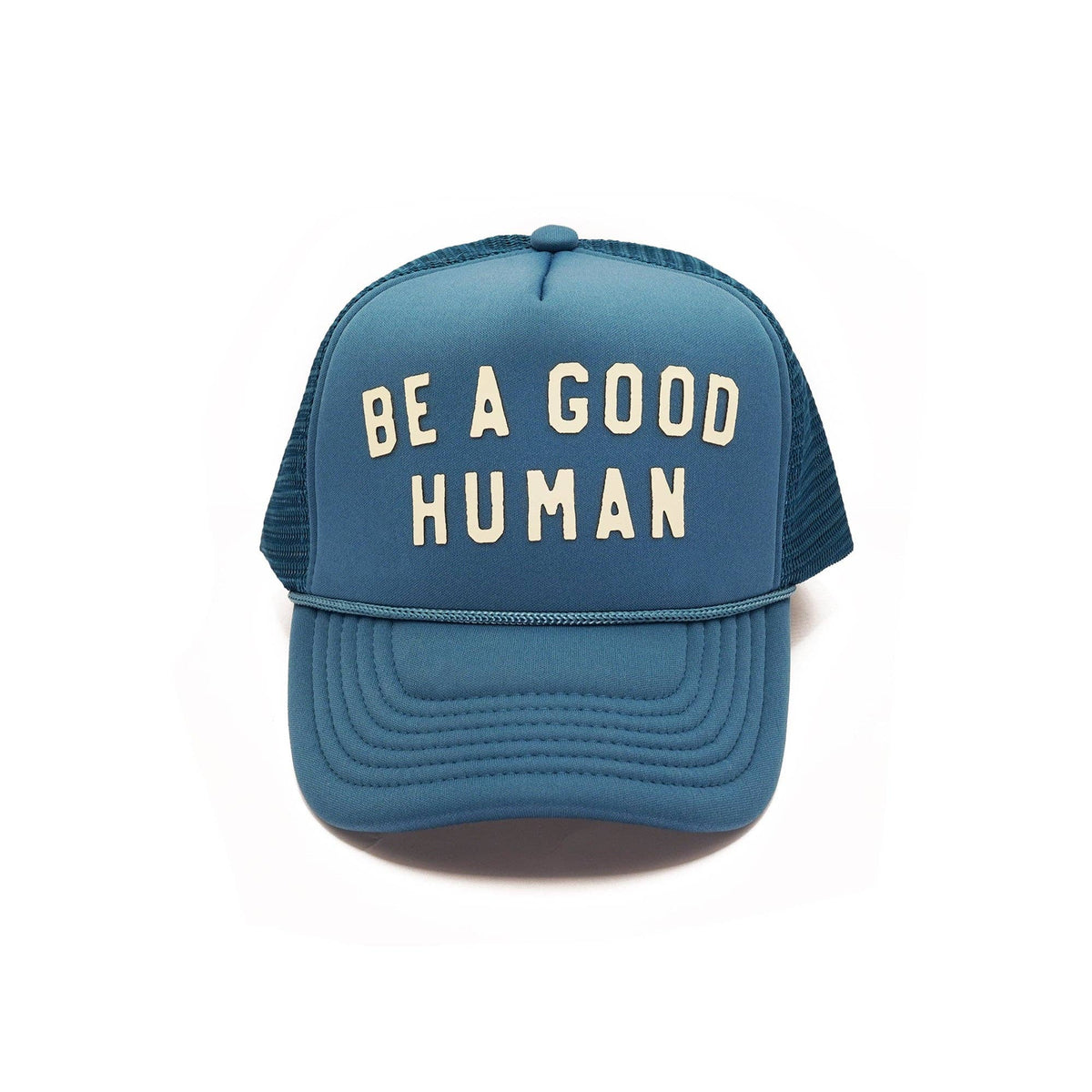 Blue cap with 'Be a Good Human' text on a white background