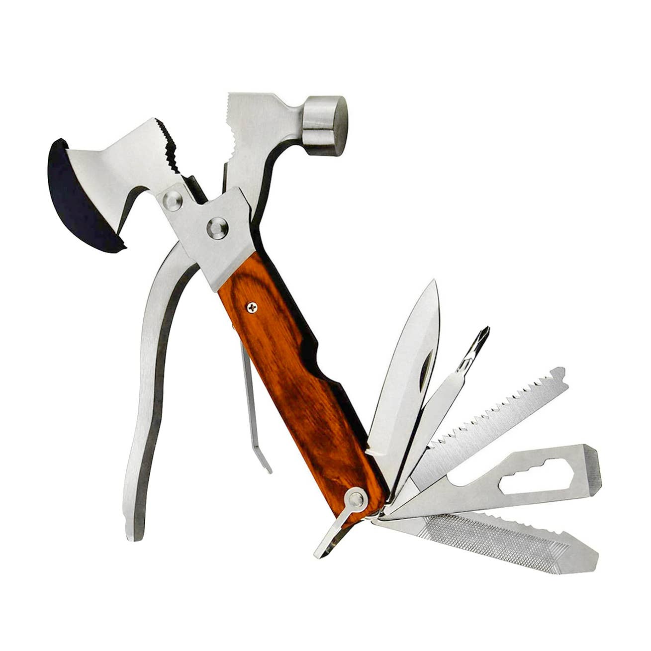 Multitool with axe head, bottle opener, and various tools on a white background