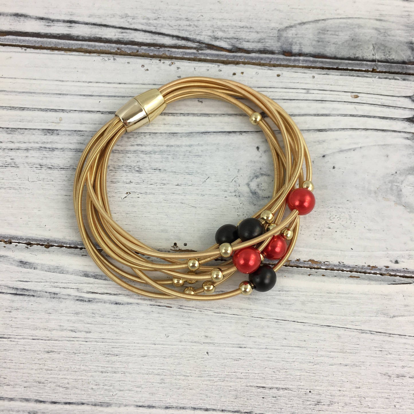 Cajuns Guitar String and Pearl Bracelet-Red and Black