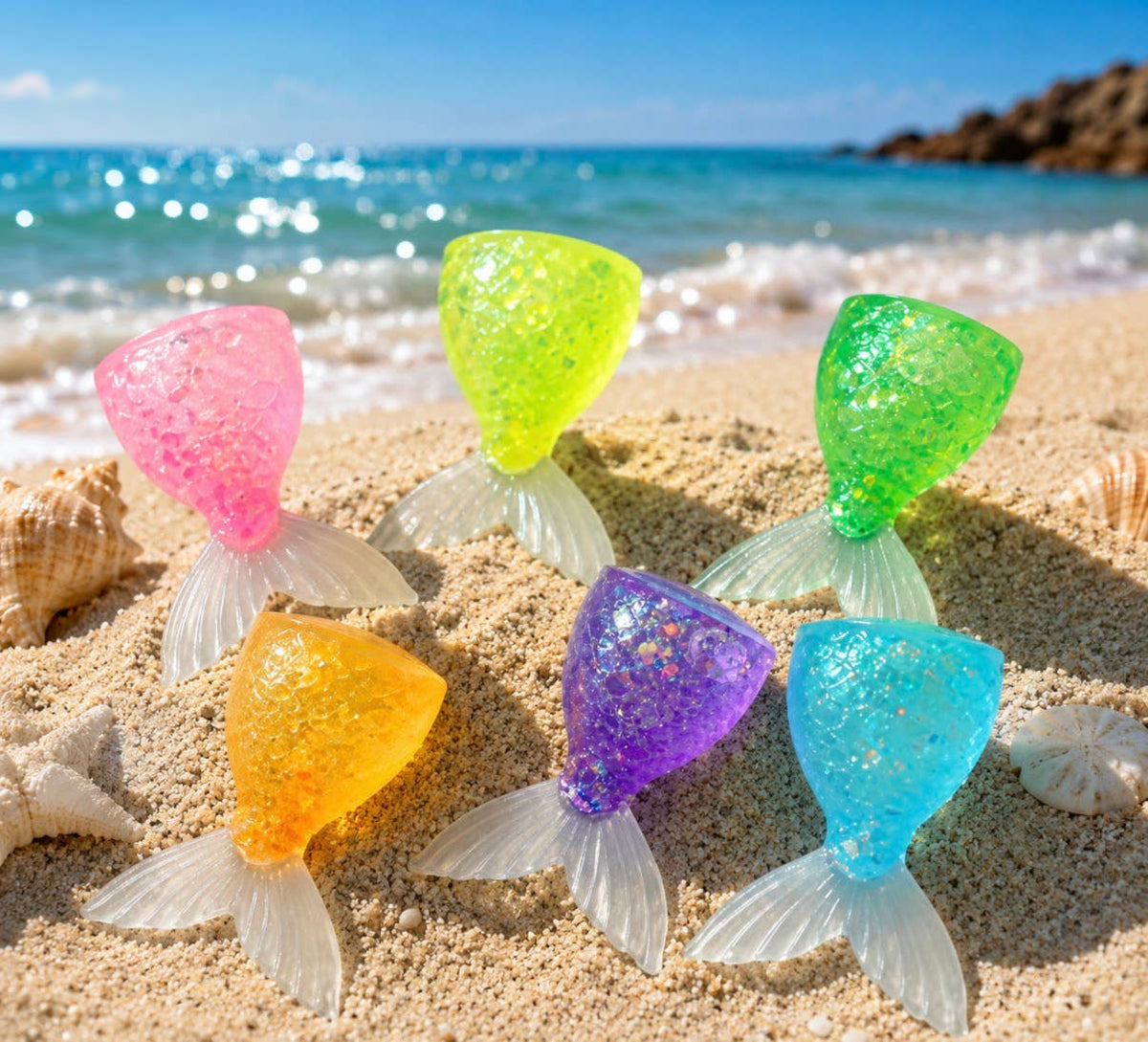 Five glittery mermaid tail accessories in pink, lime green, emerald green, orange, purple, and light blue are arranged on sandy beach with the ocean and rocks in the background.
