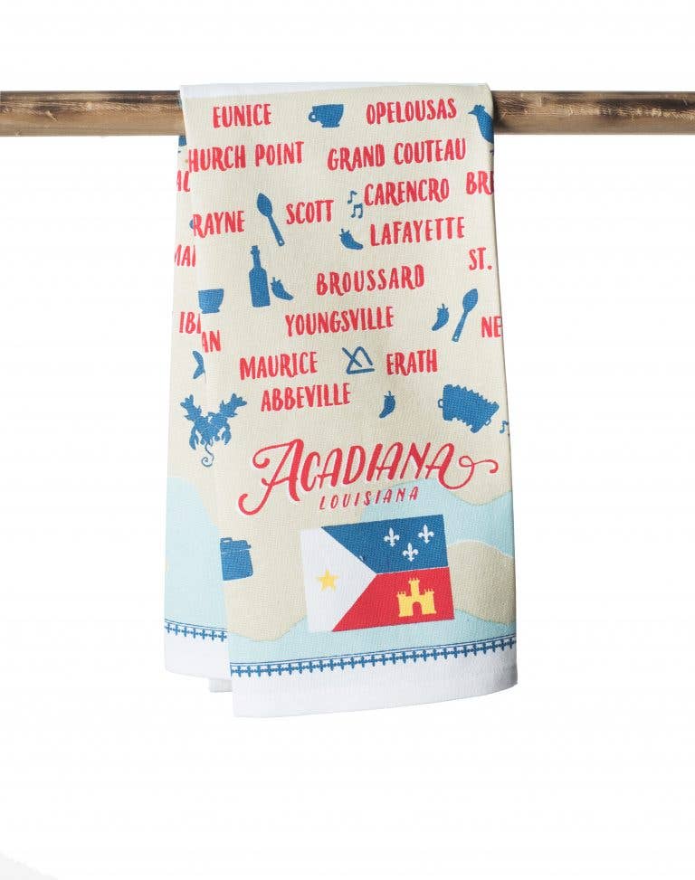 Towel with Acadiana, Louisiana-themed design featuring text and a flag.