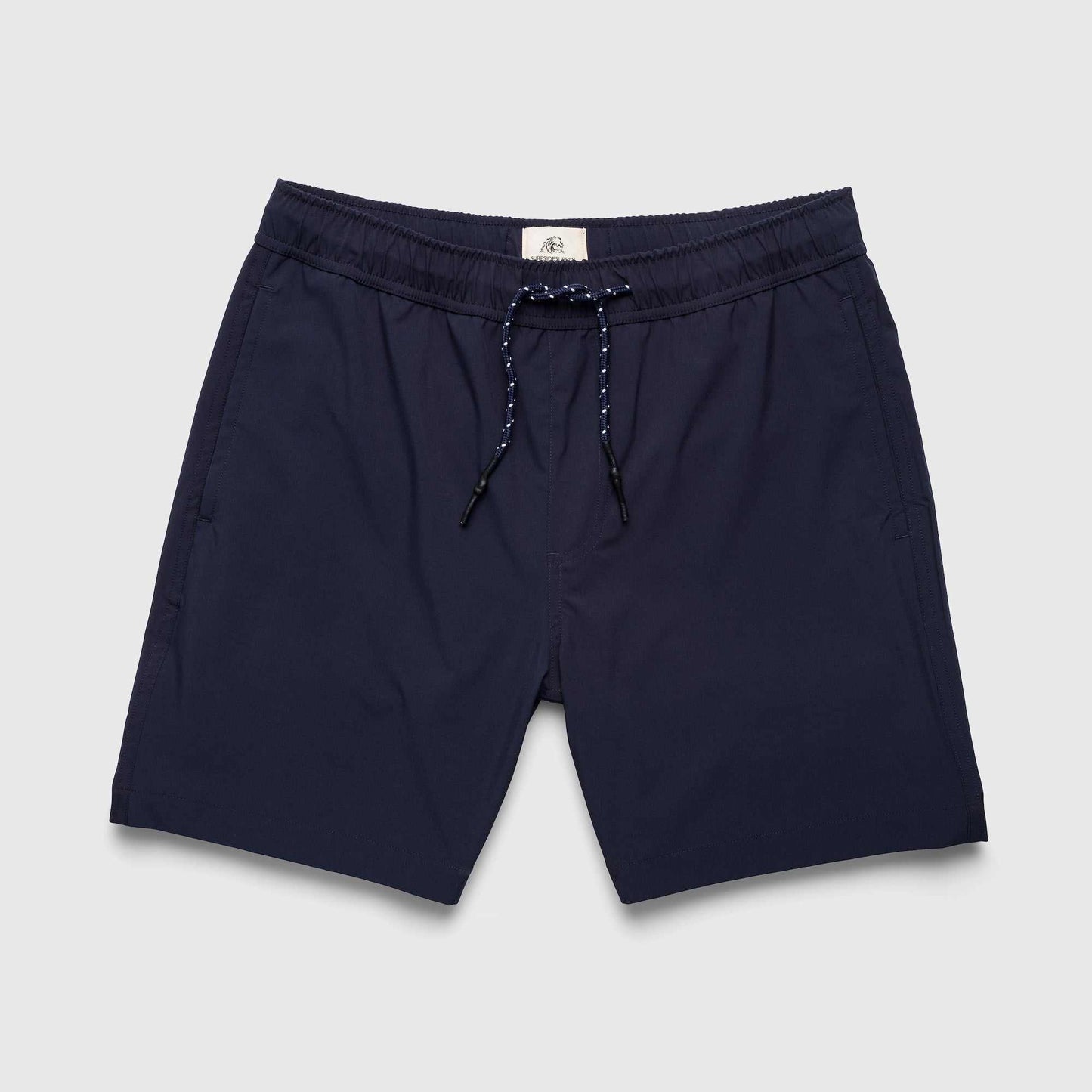 Navy blue shorts with drawstring on a light gray background
