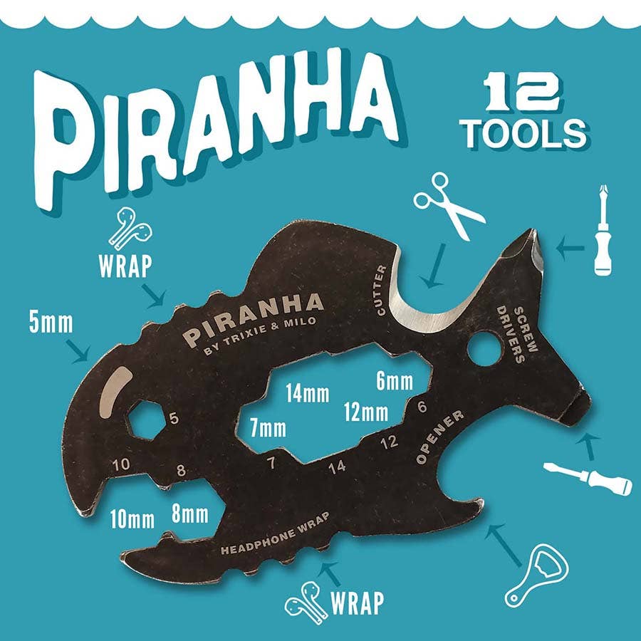 Piranha multi-tool with various tools on a blue background