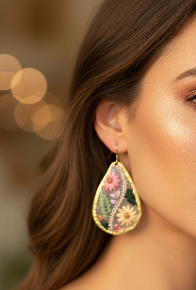 Teardrop-shaped earrings with floral designs on a white background