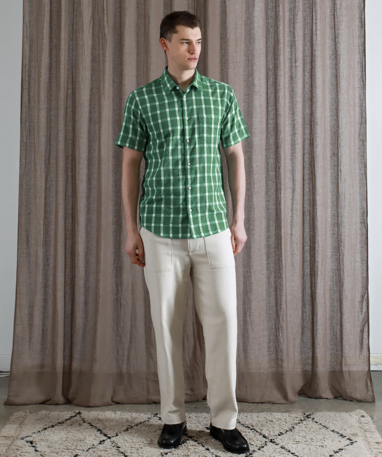 Classic S/S Shirt - Green Ribbed Seersucker Check