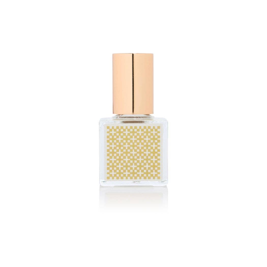 Perfume bottle with gold cap on a white background