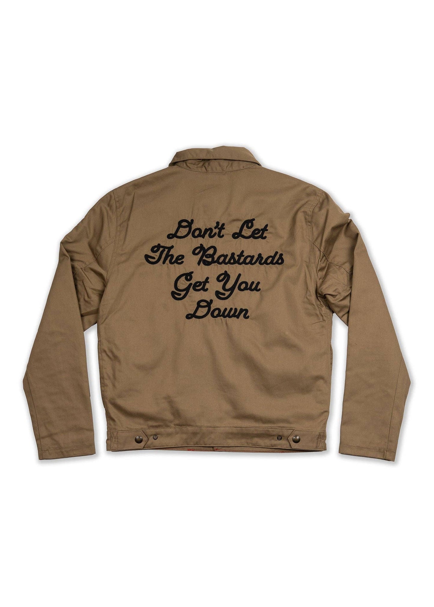 Brown jacket with text on the back against a white background