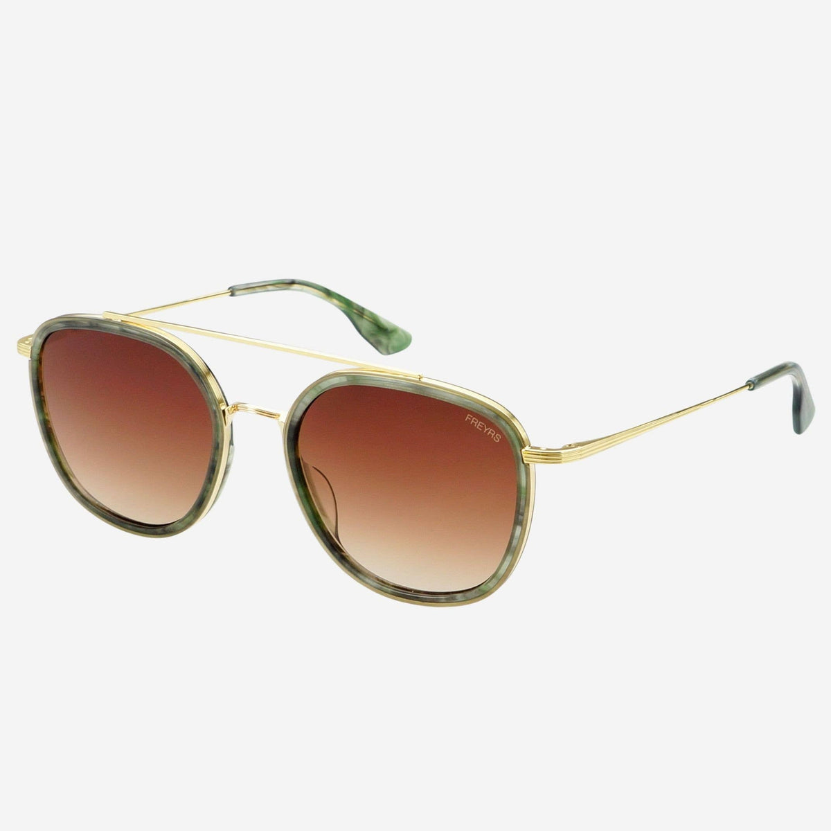 Gold-framed sunglasses with brown gradient lenses on a white background