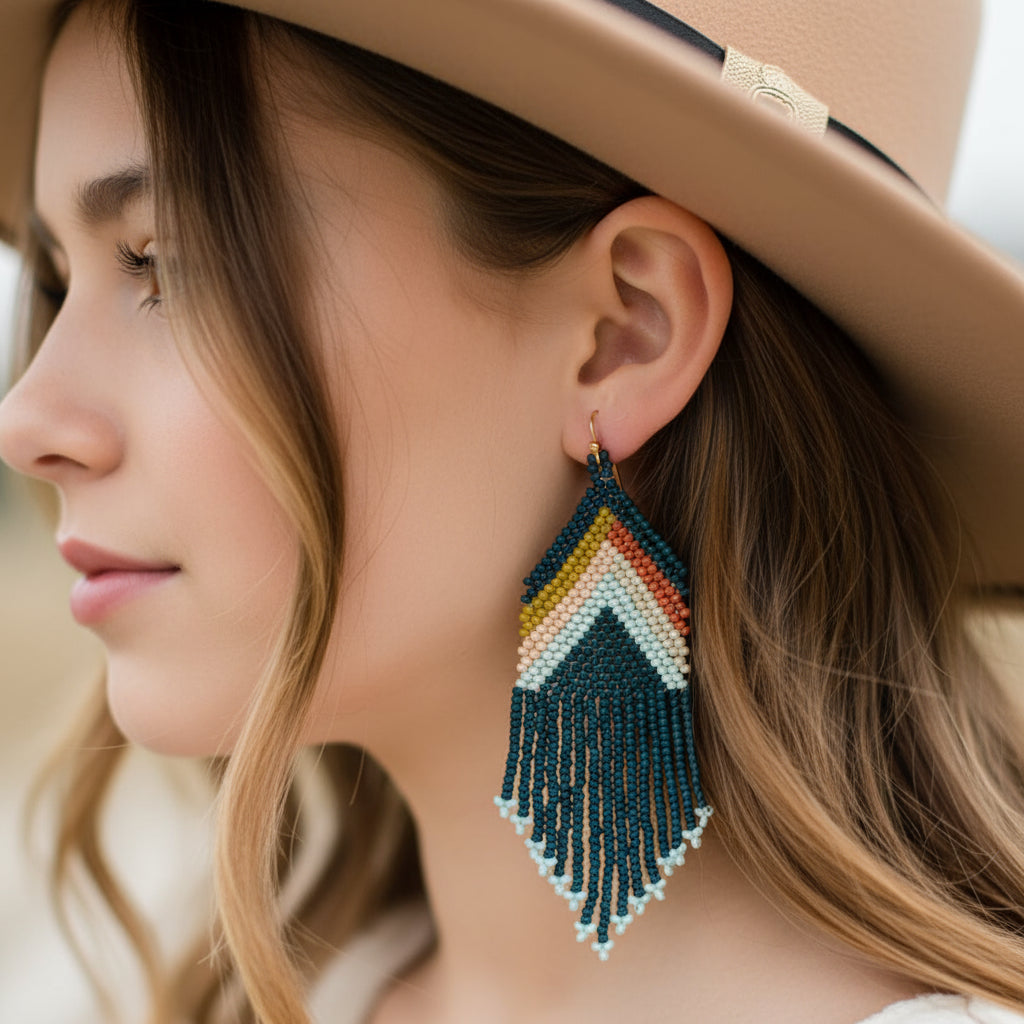 Multicolored beaded earrings on a white background