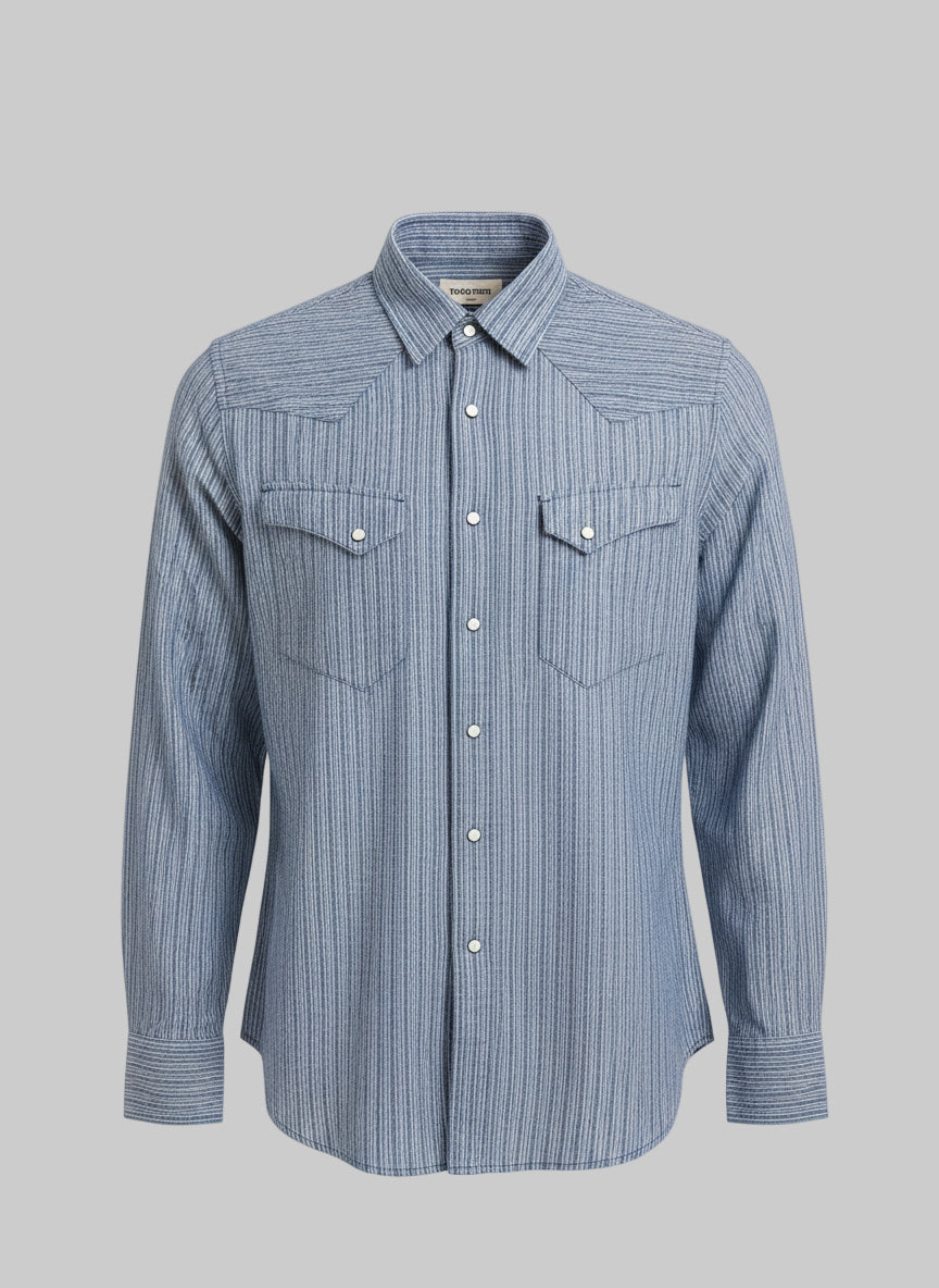 Taylor Stitch Western Shirt Hemp Stripe MEDIUM blue striped button-down with chest pockets