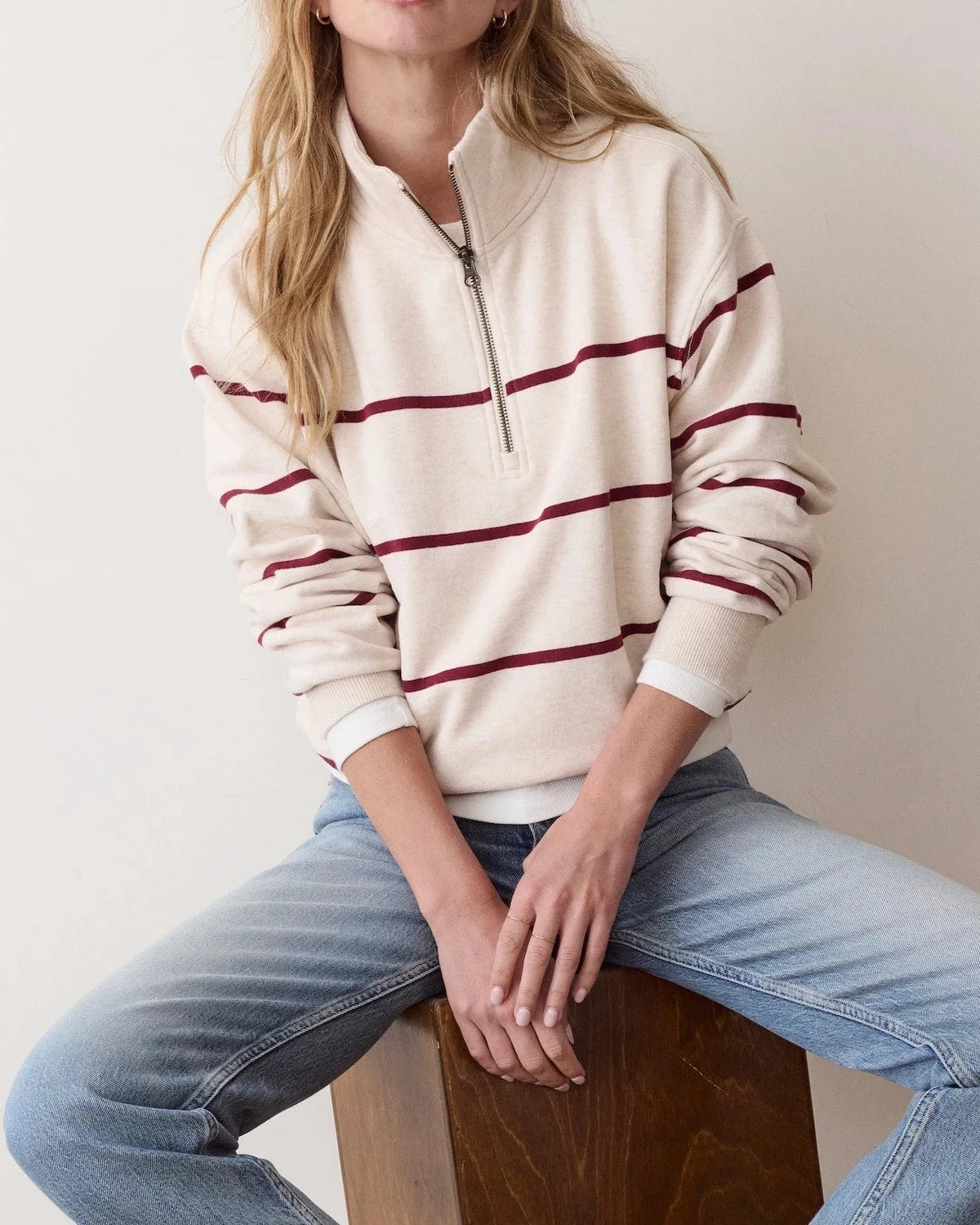 Oatmeal & Cabernet Stripe Cloud 9 Fleece Half Zip