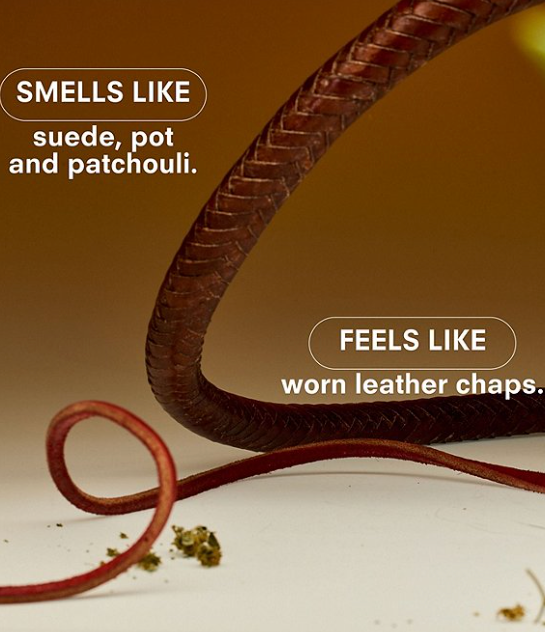 Brown leather rope with text describing its scent and texture.
