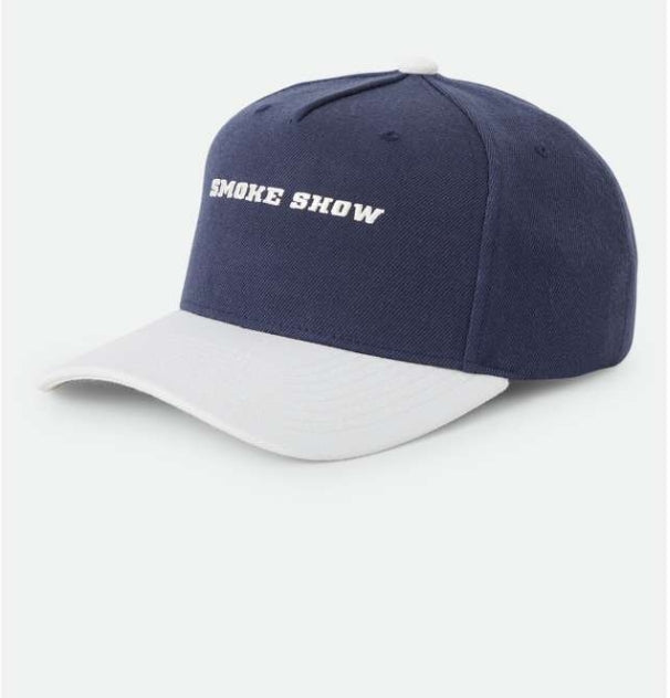 Navy and white cap with 'SMOKE SHOW' text on a light gray background