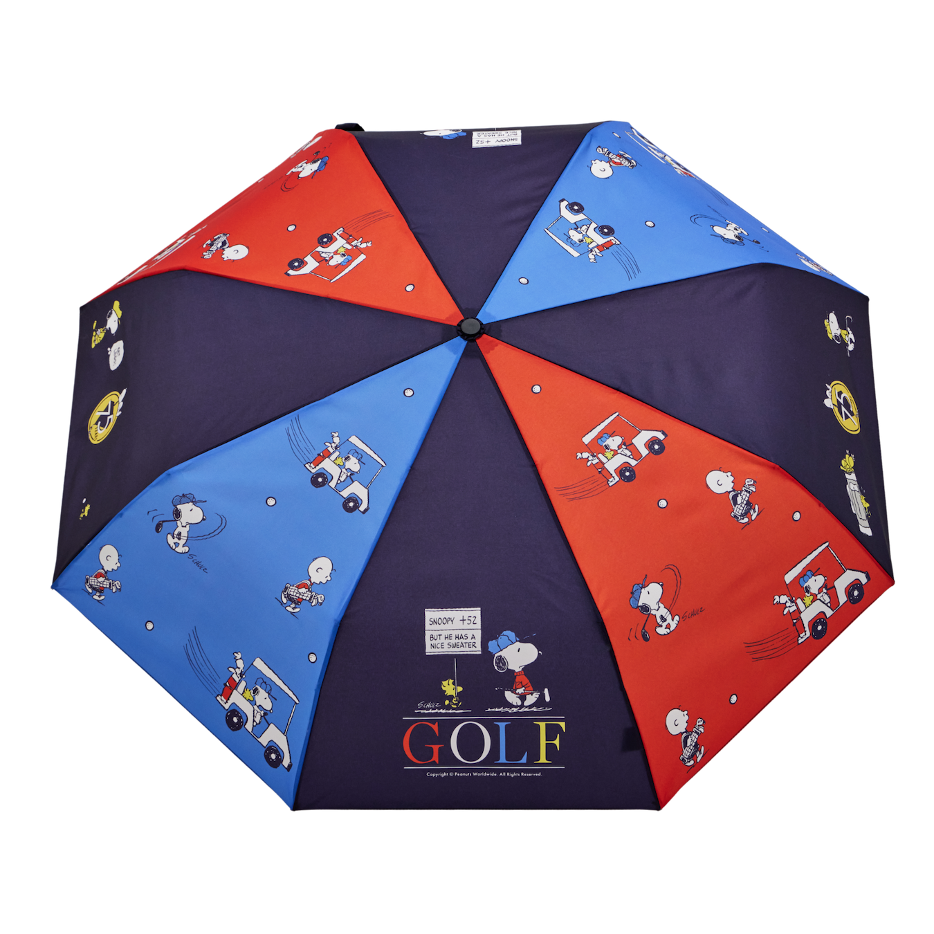 Colorful umbrella with cartoon characters on a white background