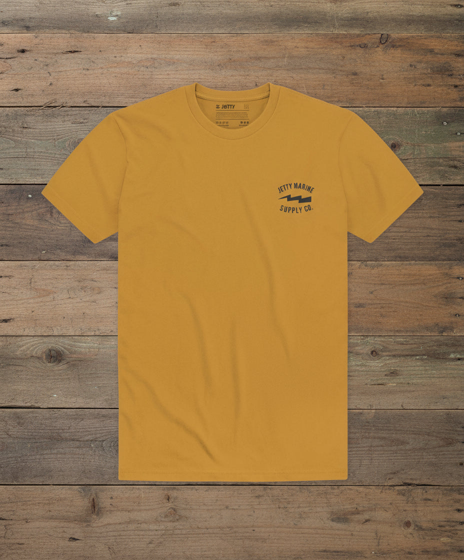 Yellow t-shirt with a logo on a white background