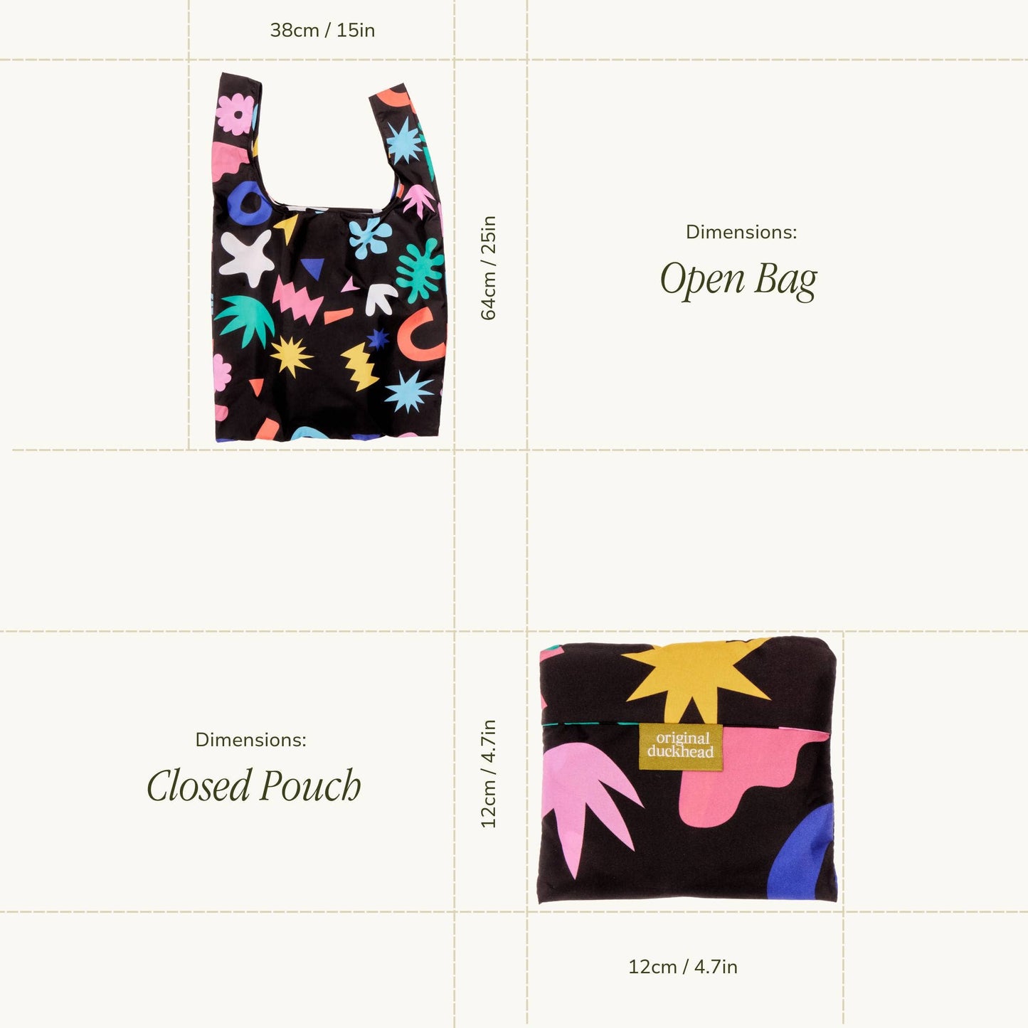 Reusable bag with colorful patterns and dimensions displayed on a white background