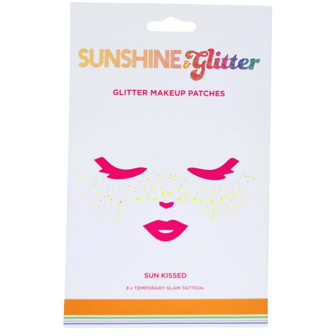 Packaging of Sunshine & Glitter glitter makeup patches with a face design on a white background.