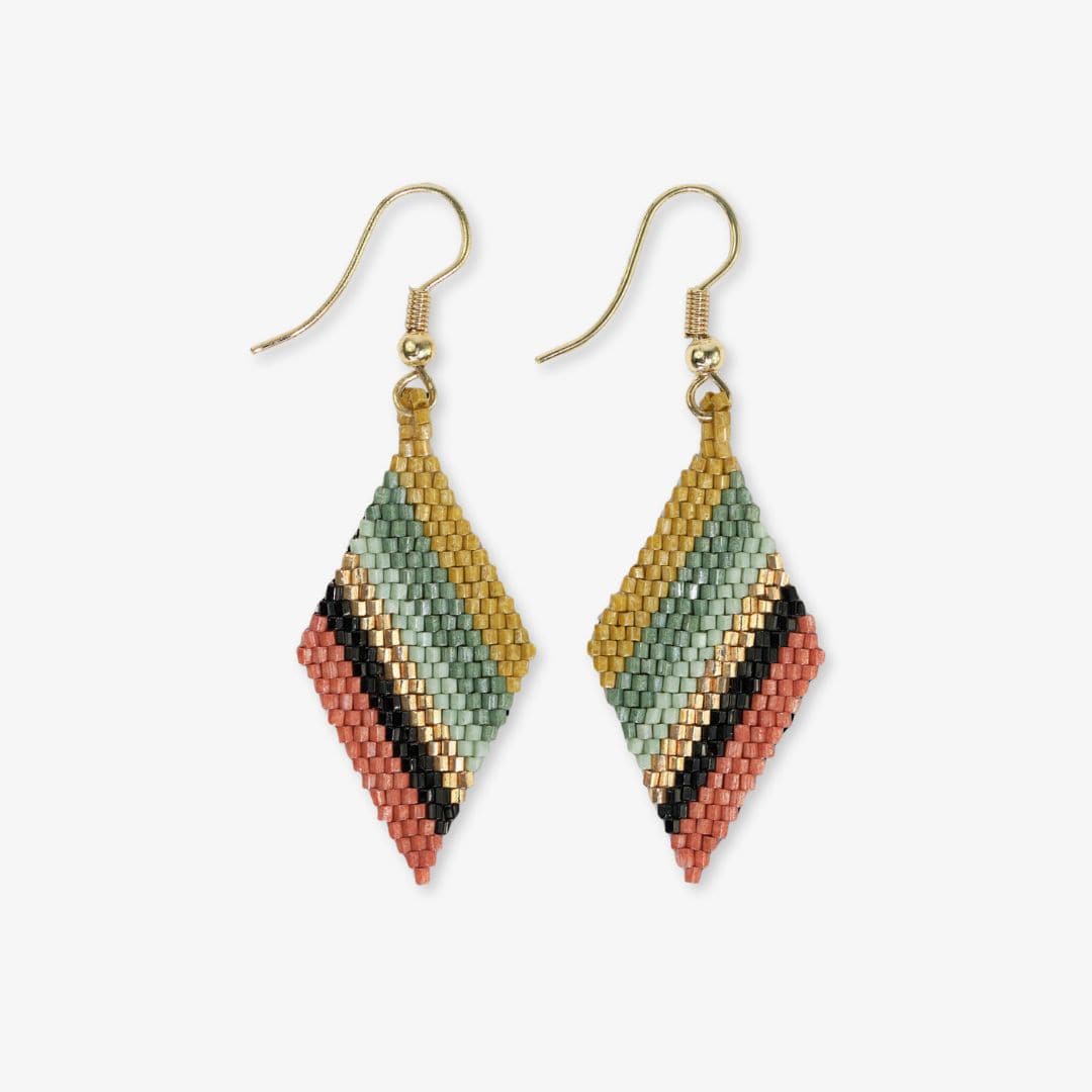 Pair of geometric earrings with multicolor pattern on a white background