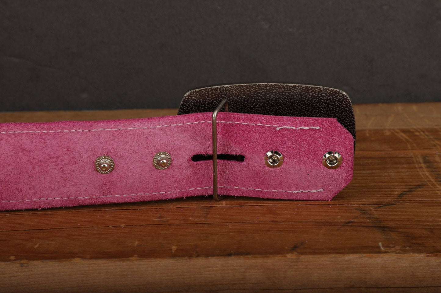 Pink Leather Belt with White Stitch & Antique Gold Tone Brass Buckle