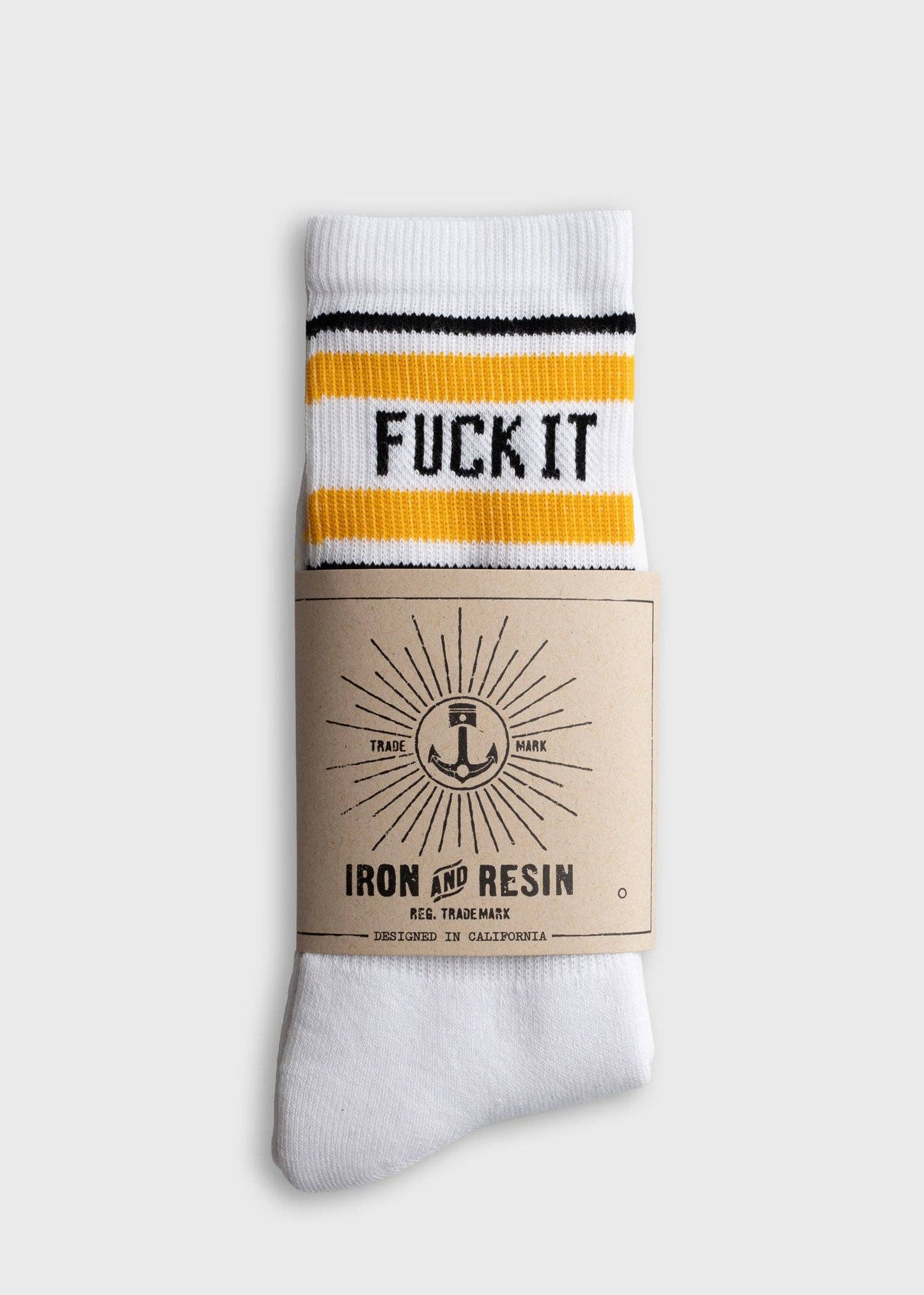 White sock with black and yellow stripes on a white background