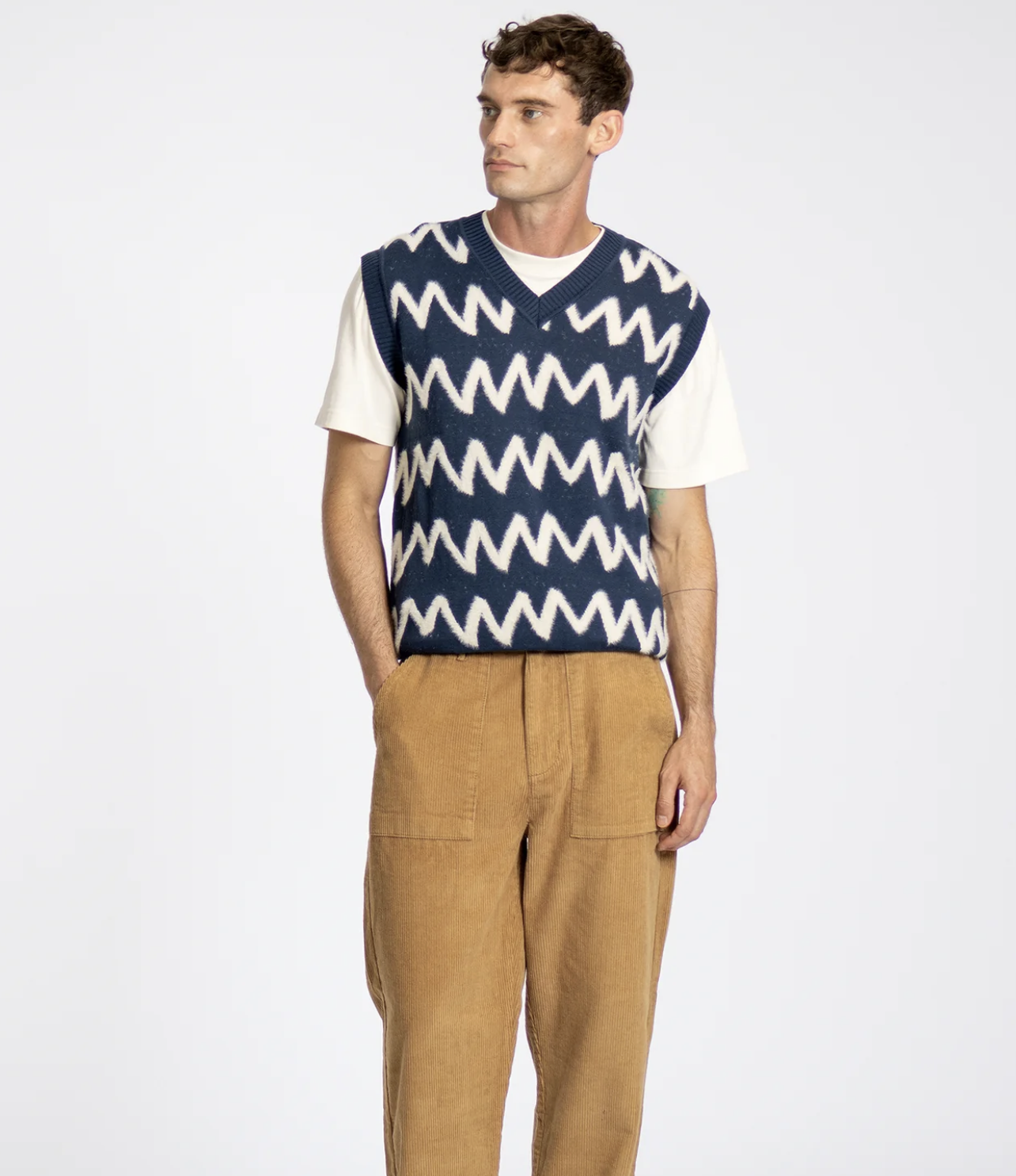 Pinto Knit Vest - Insignia Blue / White Zig Stripe