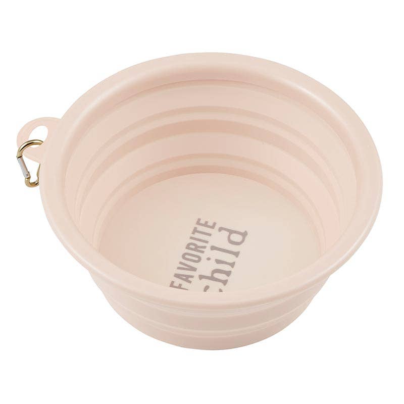 Pink collapsible bowl with 'Favorite Child' text on a white background