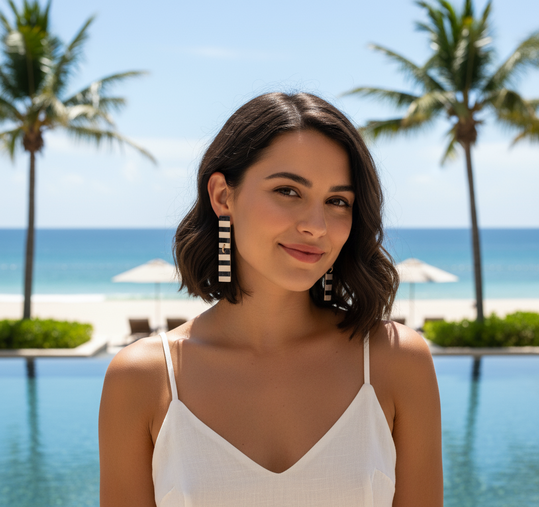 A pair of nautical stripe earrings in white and navy colors, made from buffalo horn with a stainless steel ear post.