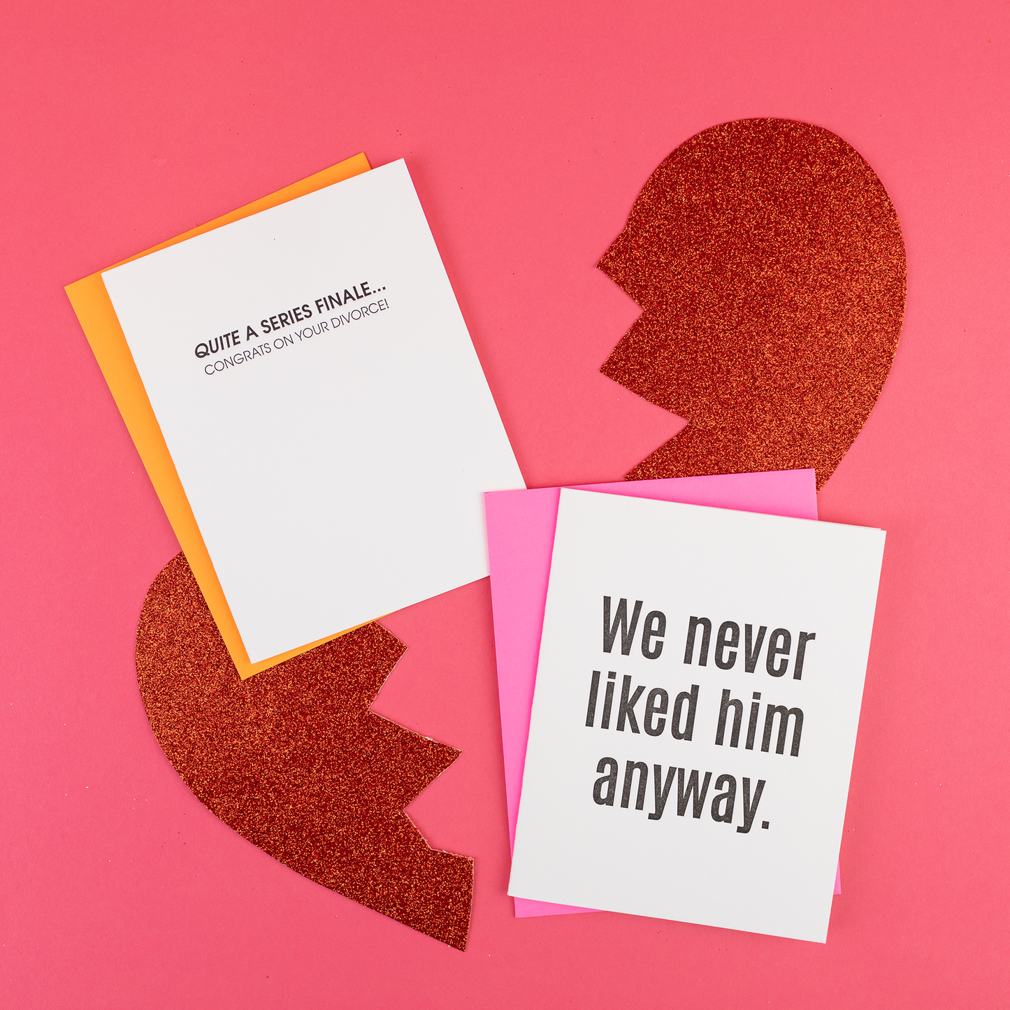 Two greeting cards with humorous text on a pink background
